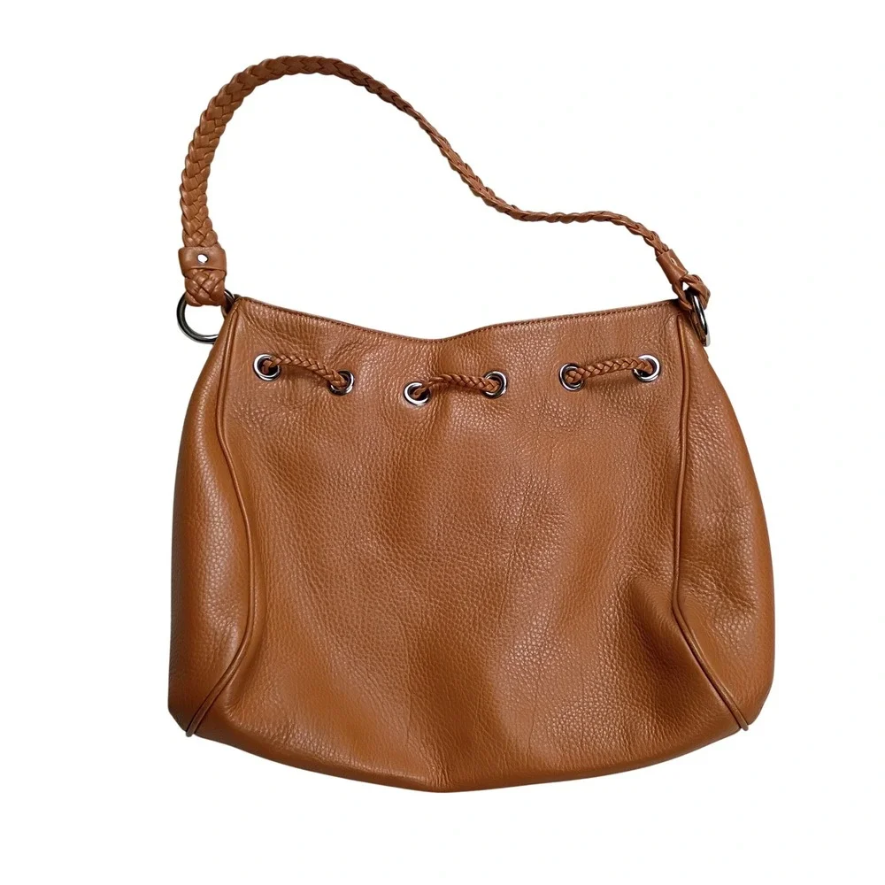 Talbots Hobo Bag Womens Medium Cognac‎ Brown Leather Braided Tassel